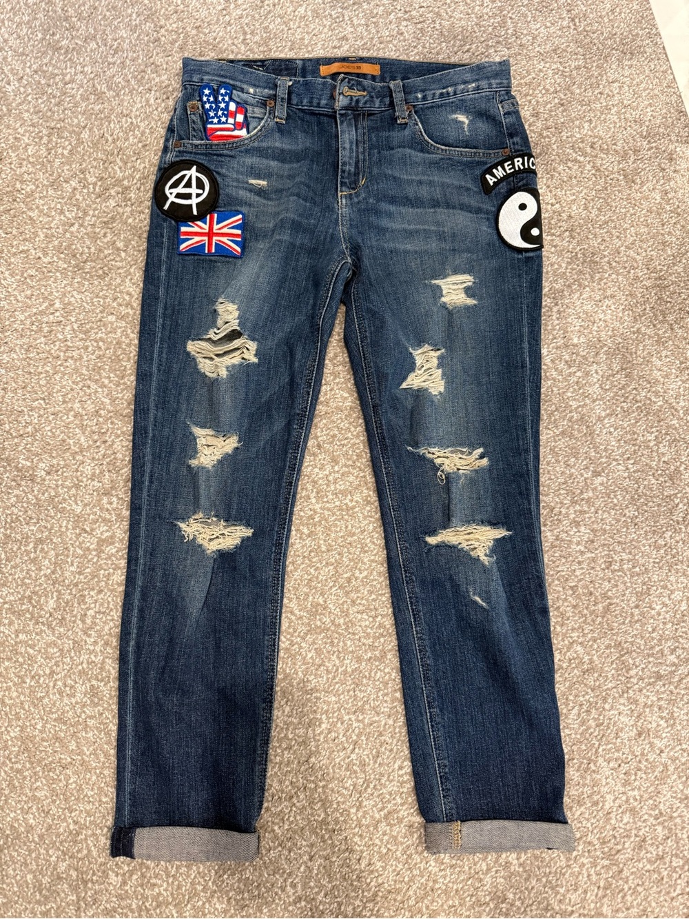 Joe's collector’s edition Dark Blue Distressed Boyfriend Jeans Patchwork Size 25